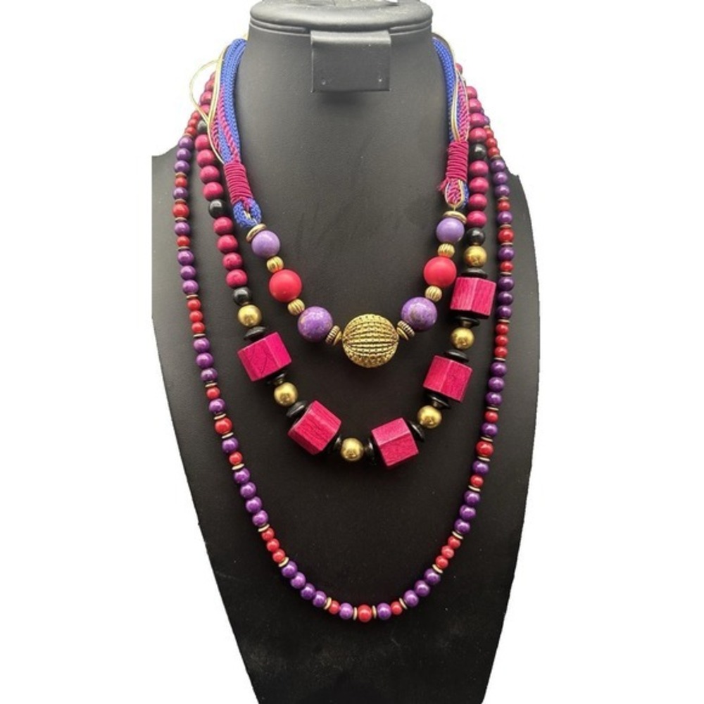 Lot of 3 Vintage Costume Jewelry Wood Stone Large Chunky‎ 80s 90s Necklaces